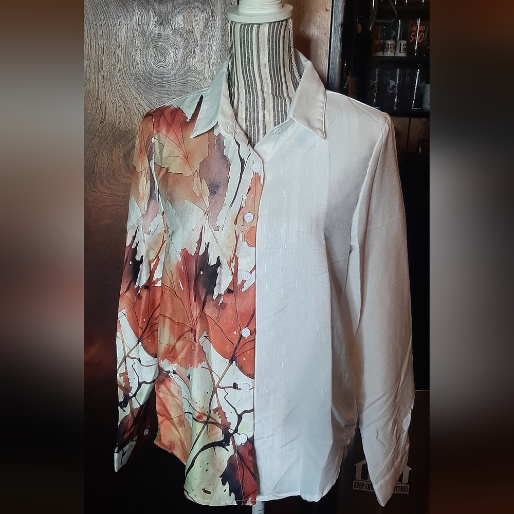 Woman's Autumn Leaf Print Casual Button Down Shirt